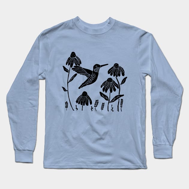 Linocut hummingbird and flowers Long Sleeve T-Shirt by Vickiinmyhead